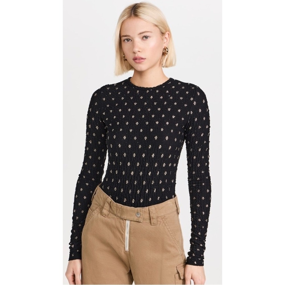 FRAME Dotted Stretch Mesh Metallic Polka Dot‎ Top Black Size M